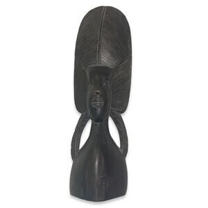 Vintage Hand Carved Ebony Wood 10" Headdress African Tribal Women Statue